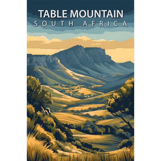 fabric panel, travel poster, table mountain, south africa, landscape scene, mountain vista, rolling hills, golden yellow, deep blue, teal green, olive green, sunset colors, vintage poster style, geometric art, layered mountains, valley view, quilting cotton, nature scene, african landscape, warm earth tones