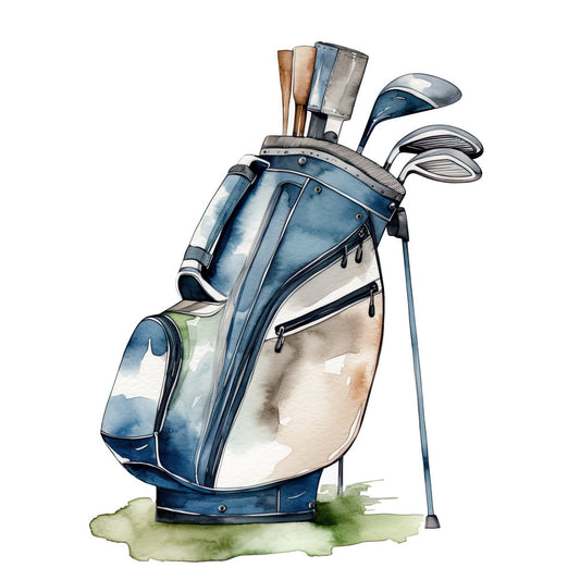 golf bag, sports, navy blue, cream, beige, tan, green, grass, athletic, leisure, hobby, recreational, golfing, golf clubs, woods, irons, putters, golf equipment, watercolor, illustration, realistic, detailed, casual style, outdoor sports, golfer gift, sports themed, activity themed, masculine, instructional