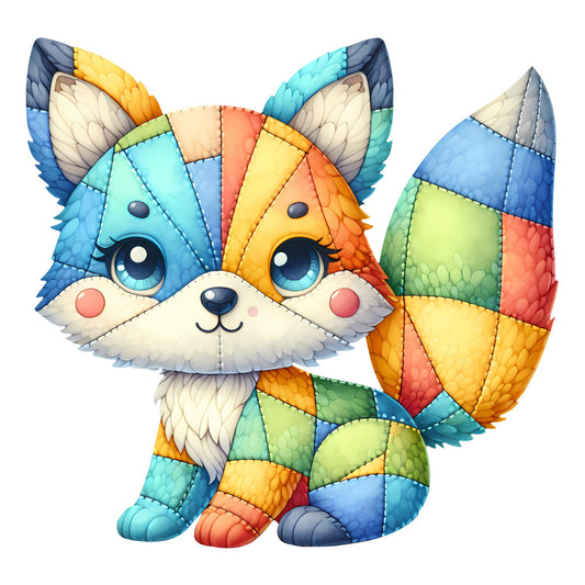 rainbow fox, multicolor animal, geometric patchwork, colorful quilted, whimsical fox, bright orange, sky blue, lime green, coral pink, yellow, navy blue, turquoise, patchwork quilt, quilted animal panel, children's fabric, playful design, modern animal, cute fox, rainbow colors, segmented pattern, colorful blocks, animal face, nursery fabric, baby quilt fabric, wall hanging, decorative panel, cheerful design, bold colors, contemporary style, kids fabric