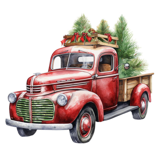 red truck, vintage pickup, christmas tree, evergreen branches, wooden crate, holiday decorations, red berries, watercolor style, festive theme, winter scene, fabric panel, quilting cotton, rustic charm, nostalgic artwork, seasonal motif, pine needles, truck bed cargo, antique vehicle, holiday transport, christmas decor