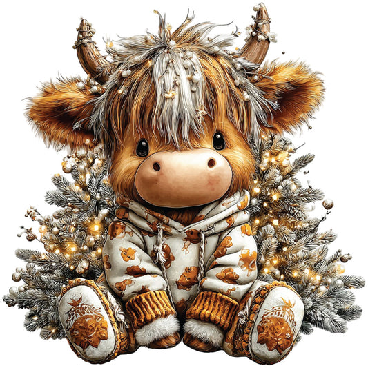christmas highland cow, winter holiday, festive fabric panel, brown fur, orange golden tones, cream white, winter coat jacket, fur-lined boots, evergreen branches, christmas lights, ornaments, shaggy hair, horns, cute animal, whimsical illustration, seasonal motif, quilting cotton, decorative panel, winter clothing, holiday theme