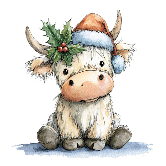 Vintage Christmas Highland Cows Fabric Panel 4