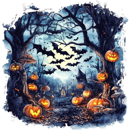 halloween, spooky, jack-o-lantern, pumpkin, bat, full moon, haunted house, dark blue, navy blue, pale blue, orange, black, glow-in-the-dark aesthetic, creepy trees, gnarled branches, mushrooms, autumn, fall, holiday, whimsical, eerie, gothic, festive, trick-or-treat, moonlit, spooky scene, trick or treat decor, haunted, nighttime, dark and moody