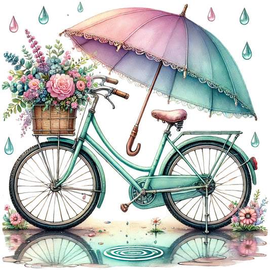 sage green, dusty rose, blush pink, lavender, teal, vintage bicycle, floral, umbrella, raindrop, botanical, whimsical, romantic, nature, spring, summer, elegant, cottage core, rain themed, flowers, roses, daisies, wooden basket, water puddle, ornate trim, lace detail, pastel colors, storybook illustration, gentle aesthetic, rainy day, garden theme
