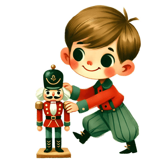nutcracker, christmas, holiday, vintage, retro, whimsical, children, toy soldier, red, forest green, cream, gold accents, festive, nostalgic, traditional, charming, cute, playful, seasonal, winter, decorative, collectible, classic, cheerful, enchanting, fabric panel, christmas toy, doll, figurine inspired