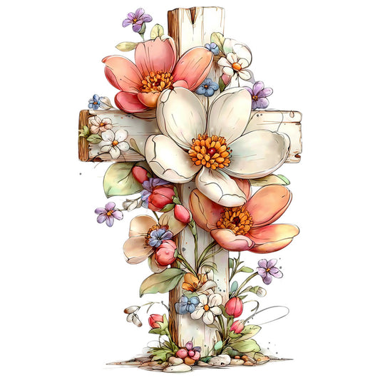 cross design, floral arrangement, peach flowers, white blooms, purple violets, coral petals, orange centers, weathered wood, rustic cross, botanical illustration, fabric panel, quilting cotton, watercolor style, spring flowers, religious motif, vintage look, soft pastels, nature design, crafting material, pieced flowers