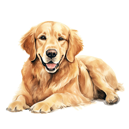Watercolor Dogs Fabric Panel 28 with a detailed, smiling golden retriever illustration on premium quilting cotton fabric.