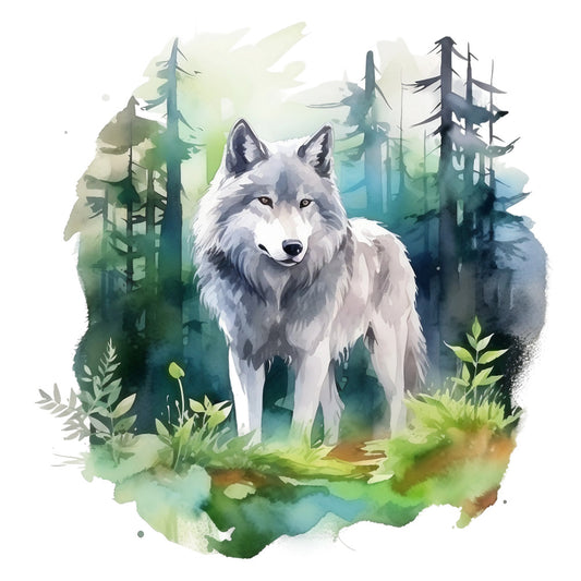 gray wolf, forest scene, watercolor style, evergreen trees, sage green, teal blue, white wolf, nature wildlife, fabric panel, quilting cotton, wilderness theme, pine trees, botanical elements, realistic animal, outdoor scene, peaceful mood, earth tones, artistic rendering, wildlife art