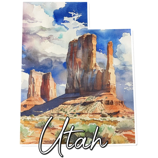 utah, monument valley, desert landscape, southwestern, scenic, travel, vintage travel poster, buttes, red rock, sandstone, sky blue, deep blue, burnt orange, terracotta, tan, beige, sage green, landscape, nature, scenic vista, rustic, americana, western, geographic, tourism, state pride, wall hanging, home decor, travel themed, warm tones