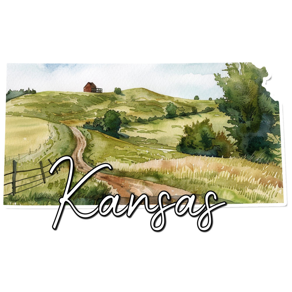 kansas, landscape, rolling hills, farmhouse, rural scenery, pastoral, countryside, barn, fence, dirt road, sage green, cream, tan, golden wheat, rustic, vintage, americana, folk art, watercolor, scenic, agricultural, nature, field, trees, spring, summer, state pride, travel