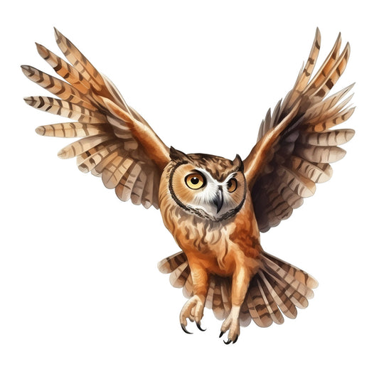 watercolor owl, flying owl, brown feathers, orange accents, cream colors, tan shades, striped feathers, bird in flight, nature wildlife, realistic illustration, soft watercolor style, fabric panel, quilting cotton, animal motif, earth tones, detailed plumage, wings spread, avian design, natural colors