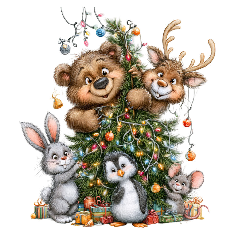 woodland animals, christmas, holiday, forest animals, bear, reindeer, bunny, penguin, mouse, ornaments, baubles, colorful decorations, festive, whimsical, cute animals, nature, winter, seasonal, gift boxes, presents, stars, planets, celestial, warm earth tones, brown, cream, forest green, gold, red, blue