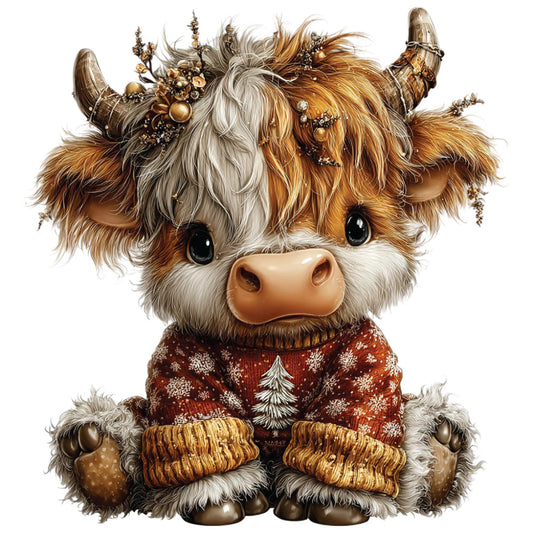 christmas highland cow, fabric panel, quilting cotton, brown fur, orange fur, grey fur, white fur, black eyes, festive sweater, snowflake pattern, christmas tree design, knitted mittens, winter clothing, cute animal, holiday themed, warm colors, rustic charm, cozy aesthetic, seasonal decor, bovine character