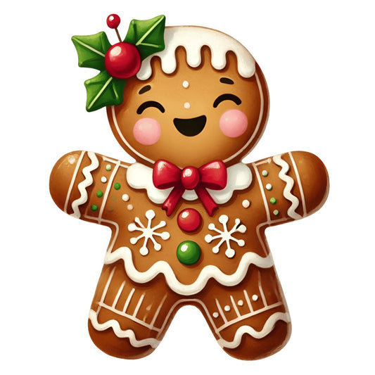 gingerbread man, christmas, holiday, festive, whimsical, cute, cheerful, red, green, cream, white, brown, gingerbread, holly berries, bow tie, frosting, icing, candy, decorative, traditional, seasonal, winter, sweet treats, baking, kitchen, children, playful, smiling face, food theme