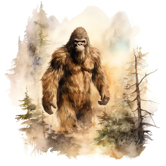 bigfoot, sasquatch, cryptid, wildlife, forest, mountains, woodland, nature, animals, creatures, mythical, legends, folklore, watercolor, muted tones, earth tones, brown, tan, beige, cream, sage green, misty, atmospheric, rustic, whimsical, adventure, outdoor, wilderness, cabin core, artistic