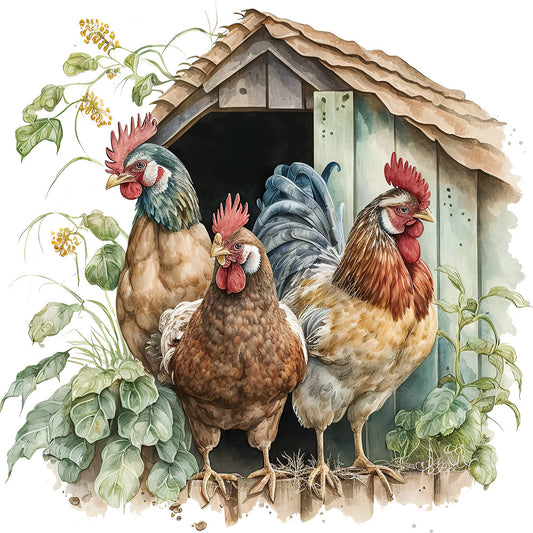 Watercolor Chicken Houses Fabric Panel 4