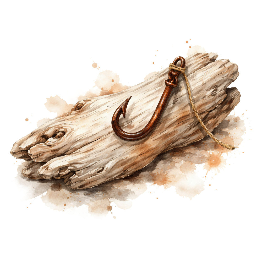 driftwood, fishing hook, nautical, coastal, beach theme, rustic, vintage, watercolor, brown, tan, beige, cream, natural tones, earthy, rope, maritime, ocean, sepia, rustic farmhouse, adventure, outdoor, masculine, weathered wood, boating, fishing, nature inspired, bohemian, safari, exploratory, watercolor art