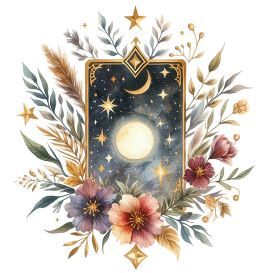 celestial, night sky, moon, stars, gold accents, navy blue, cream, dusty rose, mauve, sage green, tan, floral, botanical, flowers, leaves, branches, celestial theme, nighttime, whimsical, elegant, vintage, romantic, nature-inspired, decorative panel, wall art, tarot card aesthetic, moon phase, starry night, gold metallic, dark blue