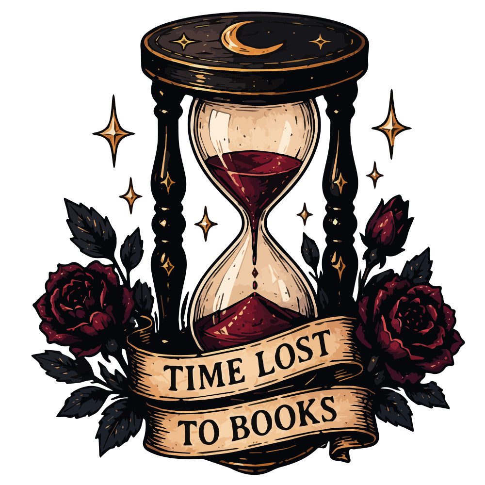 hourglass, time lost to books, dark academia, celestial, moon and stars, burgundy, deep red, black, gold, roses, dark roses, gothic, literary, book lover, whimsical, vintage, elegant, gothic romance, crescent moon, star motifs, romantic, dark botanical, moody, literary gifts, bookish, ornate, decorative, wall hanging