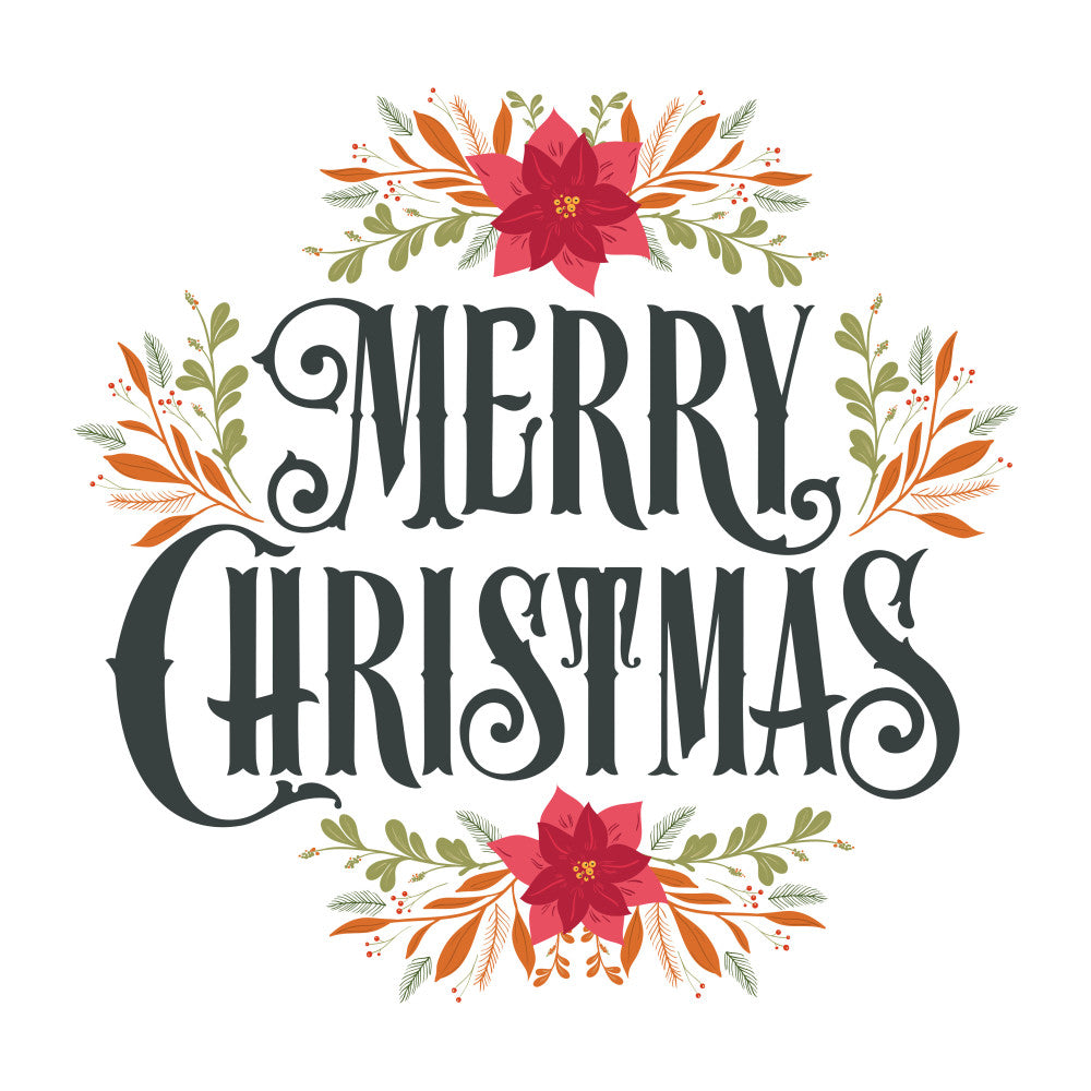 red poinsettias, green leaves, orange foliage, burgundy flowers, christmas themed, holiday panel, floral arrangement, decorative branches, winter botanicals, festive design, fabric panel, quilting cotton, seasonal motifs, white background, botanical illustration, holiday crafting, christmas sewing, poinsettia blooms, evergreen sprigs, berry accents