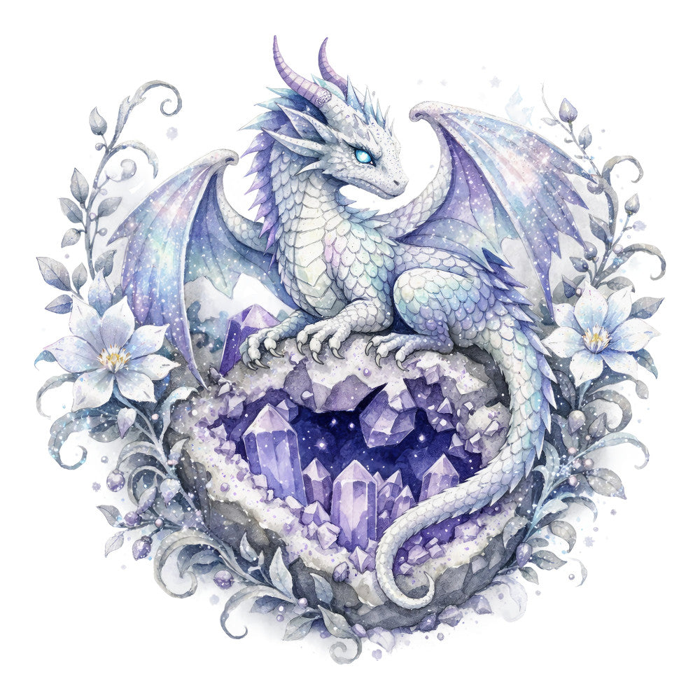 lavender, periwinkle, purple, white, pale blue, amethyst, dragon, fantasy, celestial, magical, whimsical, elegant, mystical, nature-inspired, crystals, geodes, flowers, floral, wings, scales, horns, enchanted, dreamy, sparkle, shimmer, girly, feminine, mythical creature, fantasy animal, gem stones
