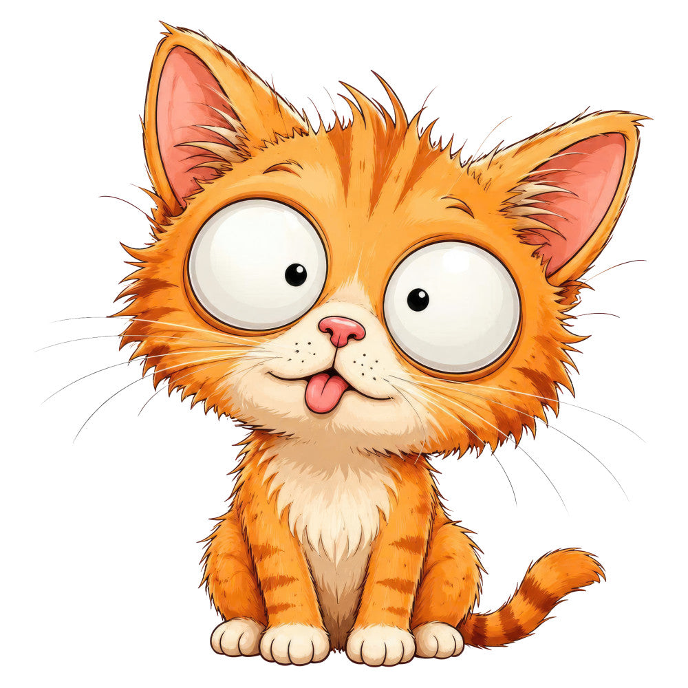 orange cat, ginger cat, tabby cat, cute cat, funny cat, whimsical cat, playful cat, cartoon cat, expressive eyes, wide eyes, tongue out, happy cat, smiling cat, orange tabby, burnt orange, cream, white, pink nose, animal theme, cat lover, pet themed, kids fabric, playful style, humorous, cheerful, children's design, nursery, baby animals, fun characters, adorable