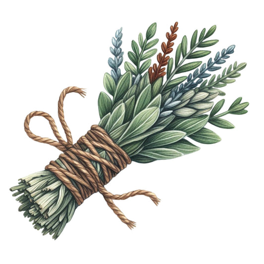 sage green, forest green, dusty blue, cream, tan, brown, rope, botanical, herbs, nature, rustic, farmhouse, elegant, vintage, dried herbs, herb bundle, leaf motifs, feathery leaves, natural elements, earthy tones, cottage core, traditional, greenery, botanical illustration, kitchen theme, culinary, herbal, neutral colors, autumn, organic