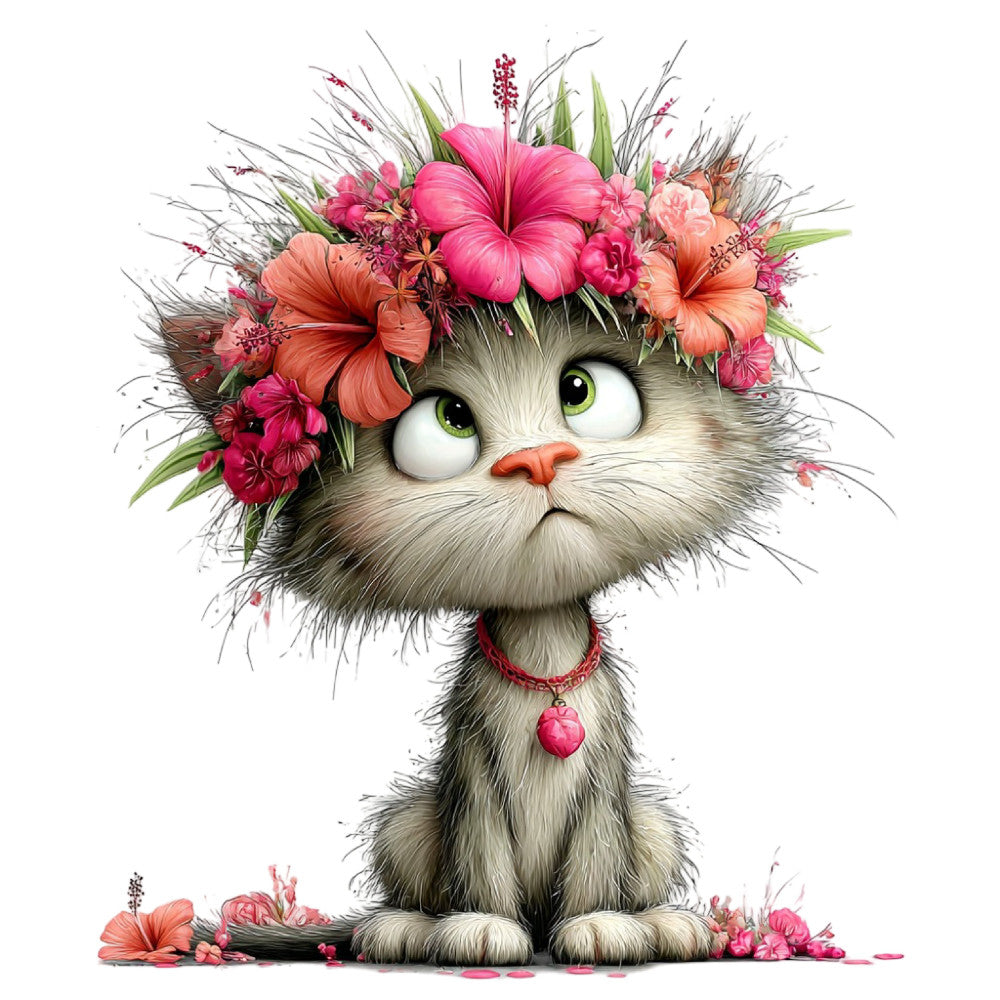 cat, whimsical, floral, pink, coral, orange, peach, cream, white, gray, green, heart charm, flower crown, cute animals, spring, summer, playful, illustration, botanical, decorative, festive, cheerful, children's, nature-inspired, fantasy, charming, artistic, vibrant, feminine, romantic