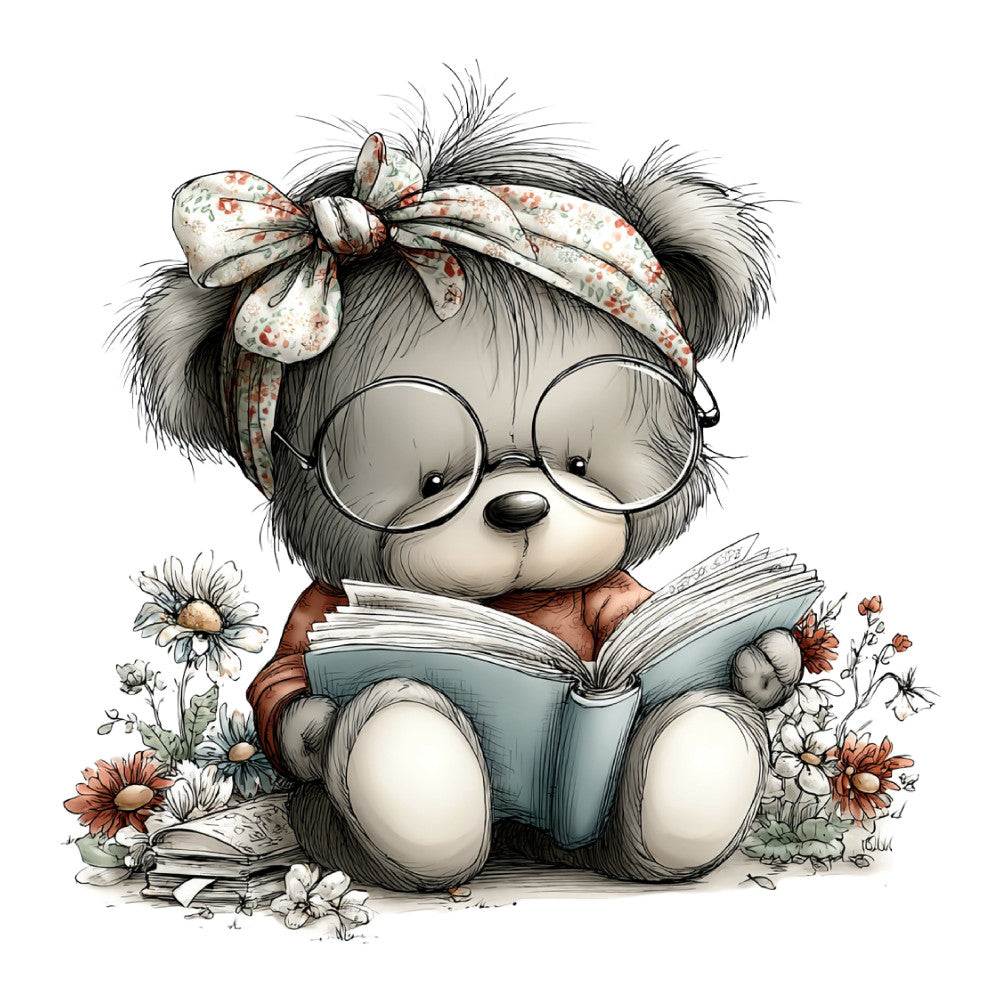 cute bear, teddy bear, reading, glasses, floral, daisies, flowers, whimsical, children's, nursery, baby, storybook, literary, vintage, soft colors, cream, brown, sage green, coral pink, rust orange, nature, animals, woodland, sweet, gentle, spring, summer, girl, bow, decorative panel