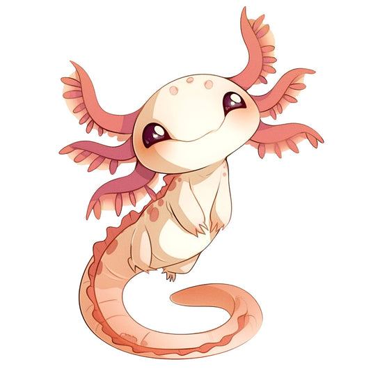 cartoon axolotl, pink coral, cream beige, cute salamander, kawaii style, adorable amphibian, external gills, spotted pattern, whimsical animal, fabric panel, quilting cotton, nursery theme, marine life, soft pastels, children's fabric, craft panel, sewing material, aquatic creature, playful design, anime inspired
