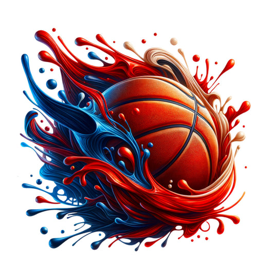 basketball, watercolor splash, red orange, blue navy, dynamic swirls, sports theme, fabric panel, cotton quilting, energetic motion, paint splashes, athletic design, vibrant colors, fluid movement, circular patterns, modern art style, sporty fabric, craft panel, sewing material, basketball motif, artistic splash