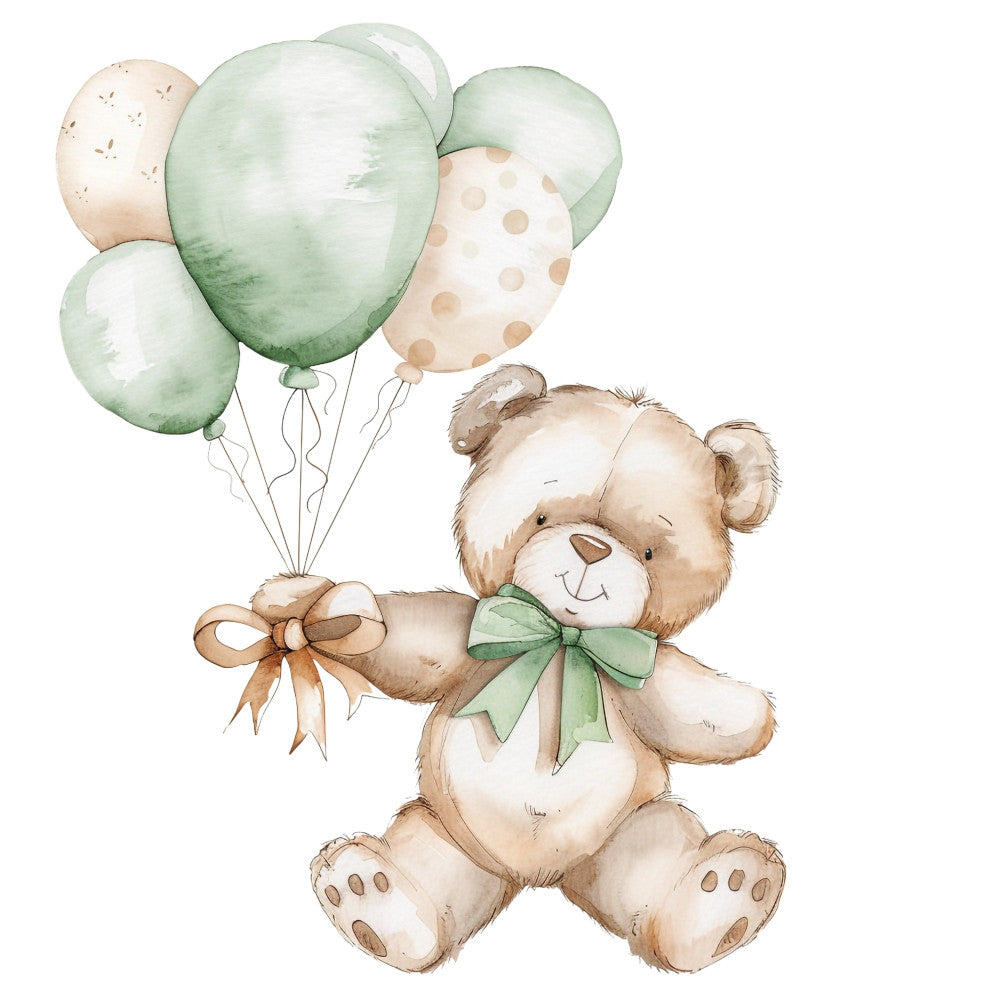 teddy bear, balloons, sage green, soft green, cream, beige, tan, brown, nursery, baby, whimsical, cute, adorable, children, kids, gentle, soft, watercolor, pastel, bows, ribbons, sweet, playful, baby shower, gender neutral, soft sage, natural tones, storybook, illustration, woodland