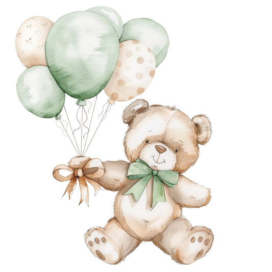 teddy bear, balloons, sage green, soft green, cream, beige, tan, brown, nursery, baby, whimsical, cute, adorable, children, kids, gentle, soft, watercolor, pastel, bows, ribbons, sweet, playful, baby shower, gender neutral, soft sage, natural tones, storybook, illustration, woodland