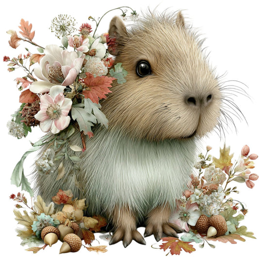 fluffy guinea pig, woodland animals, floral, botanical, autumn, fall, spring, cute animals, whimsical, nature themed, cream, beige, tan, dusty rose, coral, rust, terracotta, sage green, soft colors, acorns, wildflowers, delicate flowers, pastoral, country, farmhouse, gentle, sweet, nursery, children's, animal lovers