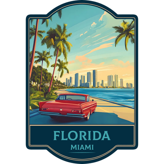 vintage miami, retro travel, palm trees, art deco, turquoise blue, coral red, sandy beige, cream yellow, ocean blue, sunset, classic car, 1950s style, beach scene, tropical, coastal, americana, nostalgic, mid-century modern, skyline, travel poster, summer, seaside, convertible car, warm colors, sky blue, travel theme, retro aesthetic, vacation vibes, iconic landmarks, sunny day