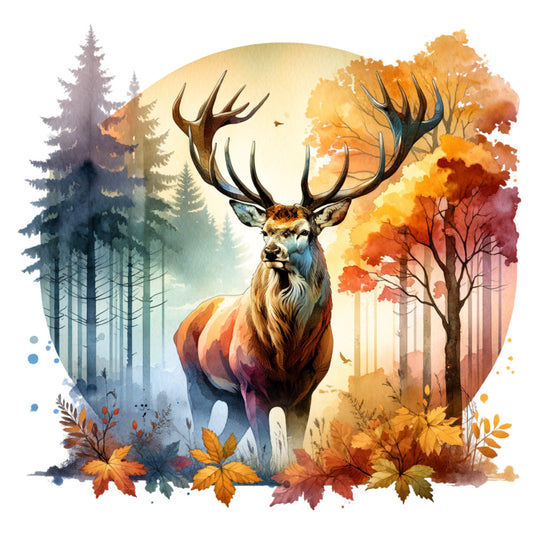 deer, stag, elk, forest, autumn, fall, woodland, nature, wildlife, animals, watercolor, gold, orange, rust, burgundy, cream, blue, teal, seasonal, rustic, whimsical, elegant, leaves, foliage, trees, evergreen, maples, large scale print, wall hanging, nature themed