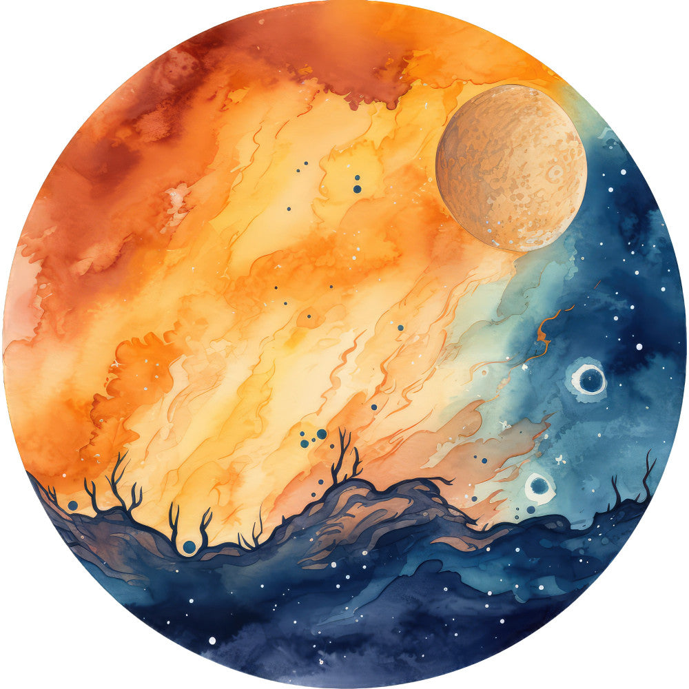 celestial, space, moon, stars, night sky, deep blue, navy blue, orange, golden yellow, warm gradient, cool blue, abstract watercolor, artistic, dreamy, fantasy, cosmic, whimsical, modern, bohemian, nature-inspired, landscape, silhouette, dead trees, barren branches, magical, mystical, wall hanging, art panel, home decor, starry night