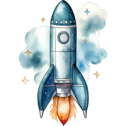 rocket, space, celestial, stars, clouds, watercolor, blue, navy blue, white, cream, orange, gold, whimsical, modern, children's, kids, nursery, adventure, fantasy, exploration, sci-fi, science fiction, cosmic, dreamy, soft, gentle, baby, toddler, wall art, decorative