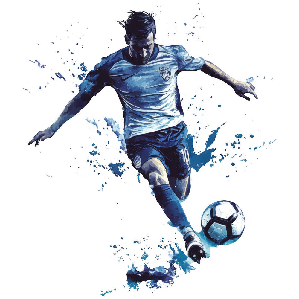 navy blue, royal blue, light blue, sky blue, white, watercolor, abstract, splatter, paint splash, sports, soccer, football, athletic, dynamic, action, modern, contemporary, energetic, male figure, athlete, motion, blue and white, gradient, artistic, youth sports, team sports, casual wear