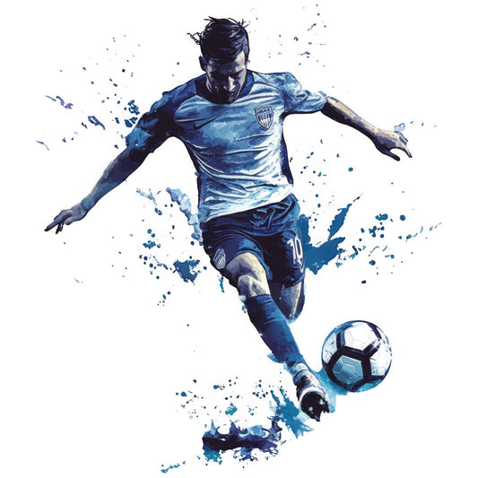 navy blue, royal blue, light blue, sky blue, white, watercolor, abstract, splatter, paint splash, sports, soccer, football, athletic, dynamic, action, modern, contemporary, energetic, male figure, athlete, motion, blue and white, gradient, artistic, youth sports, team sports, casual wear