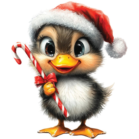 whimsical duck, christmas penguin, santa hat, candy cane, red and white stripes, fluffy fur, orange beak, large eyes, holiday themed, winter character, festive design, cute animal, fabric panel, quilting cotton, seasonal motif, christmas decor, adorable creature, watercolor style, soft textures, holiday crafting