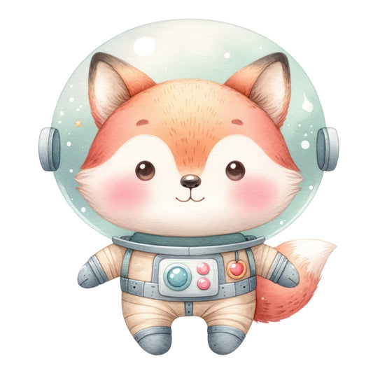 cute fox astronaut, space theme, mint green, coral pink, whimsical, animals, celestial, stars, baby quilt, nursery, adorable character, helmet, spacecraft, outer space, playful, illustrated, children's fabric, gender neutral, soft colors, dreamy, fantasy, modern, wall hanging, kawaii style, red fox, sweet character design, space explorer, cosmic
