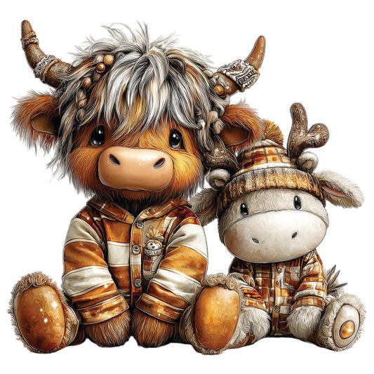 highland cow, christmas, brown, orange, cream, white, gray, viking horns, plaid shirts, cute animals, whimsical art, fabric panel, quilting cotton, holiday themed, winter wear, furry texture, cartoon style, festive clothing, cozy mood, farm animals