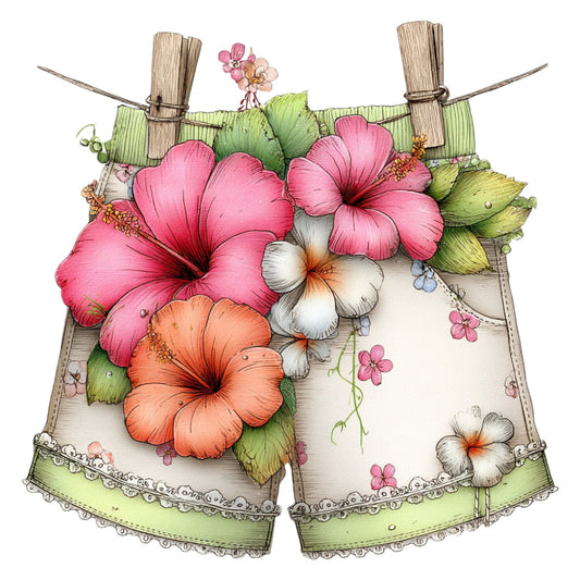 floral, hibiscus, pink flowers, coral orange, white flowers, sage green, lime green, nature, botanical, vintage, whimsical, cottage style, garden flowers, spring, summer, colorful florals, tropical flowers, delicate flowers, romantic, feminine, lace trim, clothesline, hanging laundry, rustic charm, country style, decorative border, multi-color floral, soft pastels, flower arrangement, cheerful design