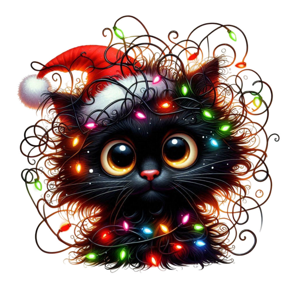 black cat, golden eyes, whimsical, holiday lights, christmas lights, festive, colorful lights, red lights, green lights, blue lights, pink lights, orange lights, magical, fantasy, cute animals, cat face, glowing lights, decorative lights, ornamental, swirling vines, curly flourishes, dark background, warm tones, cool tones, multicolor, sparkly, enchanted, playful, wall hanging, holiday décor