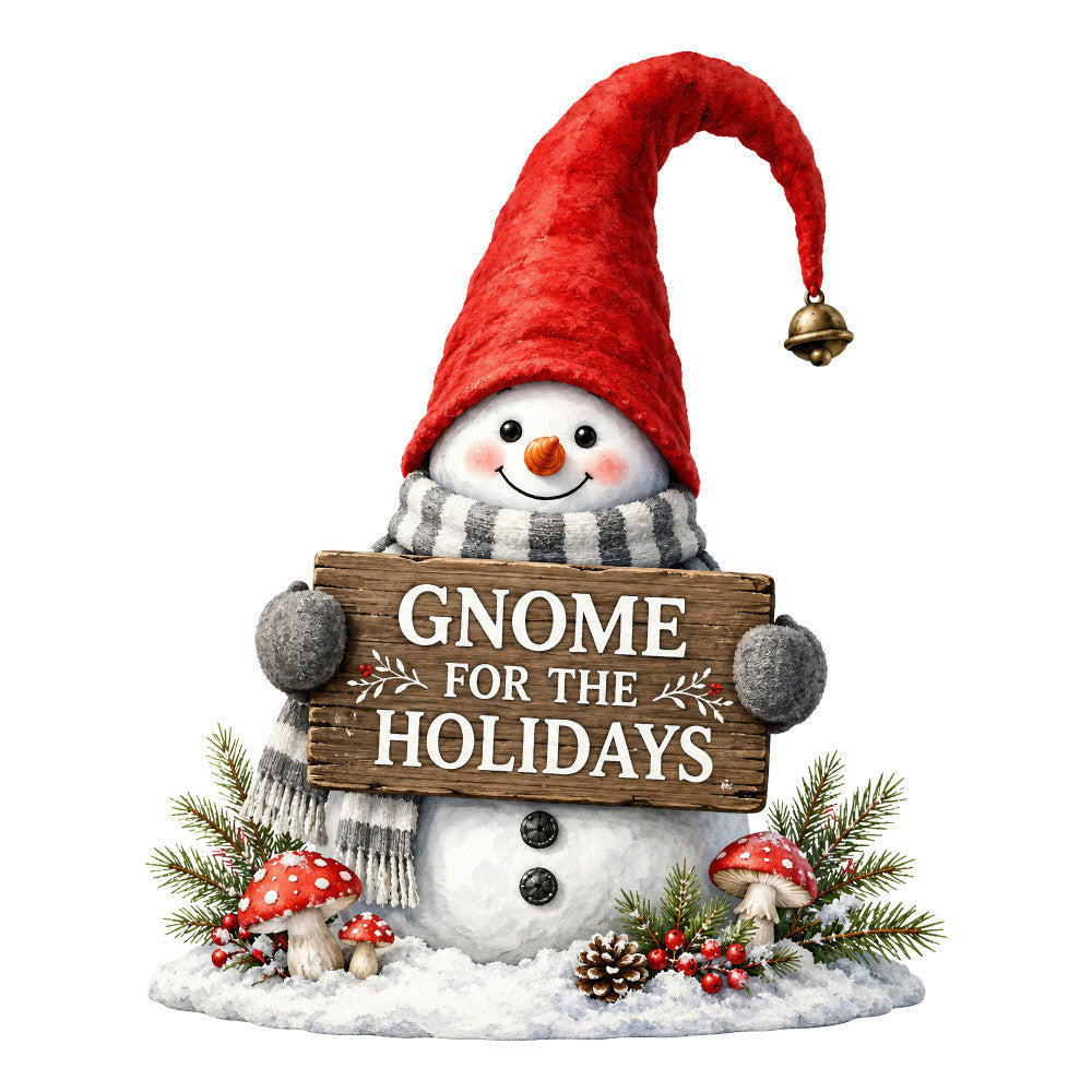 gnome, red hat, striped scarf, holiday, christmas, winter, festive, whimsical, cute, snow, mushrooms, evergreen branches, red mushrooms, pinecones, berries, bell, cheerful, traditional, seasonal, december, snow scene, gnome decor, red and white, gray and white, woodland, nature, playful, nostalgic, greeting card style
