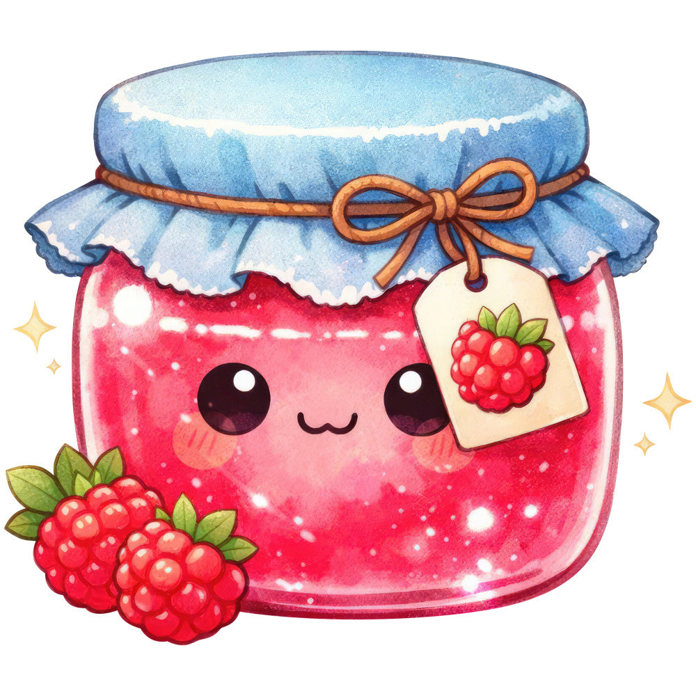 cute jam jar, raspberry, berry, food theme, whimsical, kawaii, smiling face, big eyes, blue gingham, brown bow, strawberry, sweet, cottage core, children, nursery, playful, animated characters, bright pink, sky blue, cheerful, summer, spring, character panel, novelty print, illustration style, garden theme