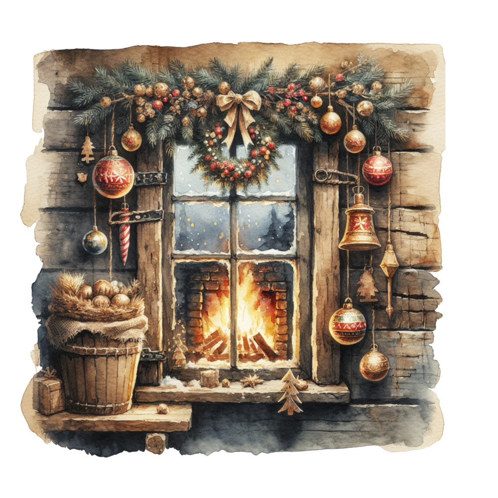 vintage christmas, winter window, rustic cabin, fireplace scene, evergreen garland, red ornaments, gold baubles, burgundy decorations, wooden shutters, cozy interior, holiday wreath, fabric panel, quilting cotton, watercolor style, warm browns, festive bells, pine branches, christmas basket, snowy windowsill, rustic charm