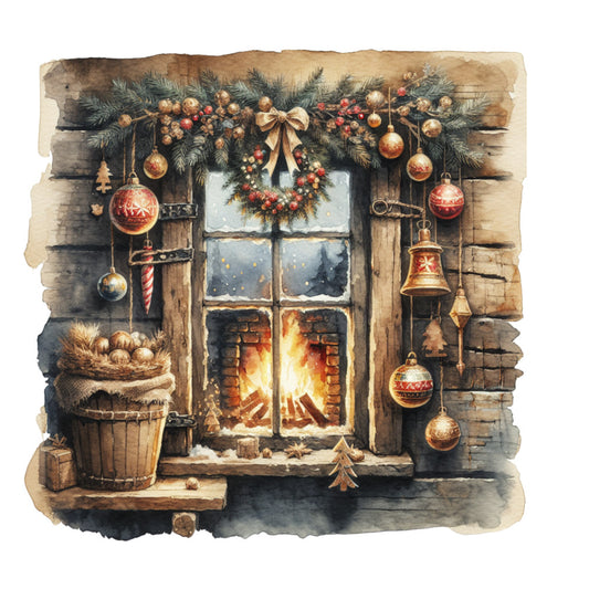 vintage christmas, winter window, rustic cabin, fireplace scene, evergreen garland, red ornaments, gold baubles, burgundy decorations, wooden shutters, cozy interior, holiday wreath, fabric panel, quilting cotton, watercolor style, warm browns, festive bells, pine branches, christmas basket, snowy windowsill, rustic charm