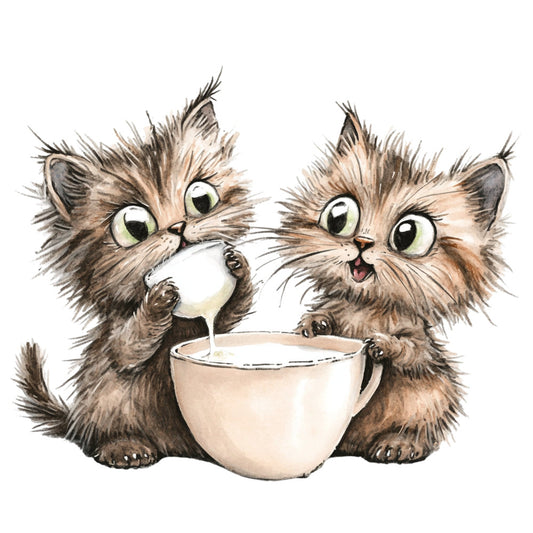 fluffy cats, playful kittens, whimsical animals, cat lovers, milk bowl, cream colored, warm brown, taupe, tan, beige, gray, charcoal, green eyes, cute faces, humorous, funny, lighthearted, children's fabric, kids quilting, cat themed, furry friends, cozy, whimsy, illustration style, watercolor, contemporary, casual, nursery, baby fabric, wall hanging